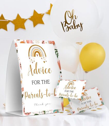 كتاب Advice for the Parents-to-be، العاب استقبال المولود بنمط قوس قزح بوهو بنمط قوس قزح، بطاقات نصائح للوالدين الجدد، تذكارات الام والاب الجديدة - لافتة واحدة + 50 بطاقة (GES21) in Kuwait