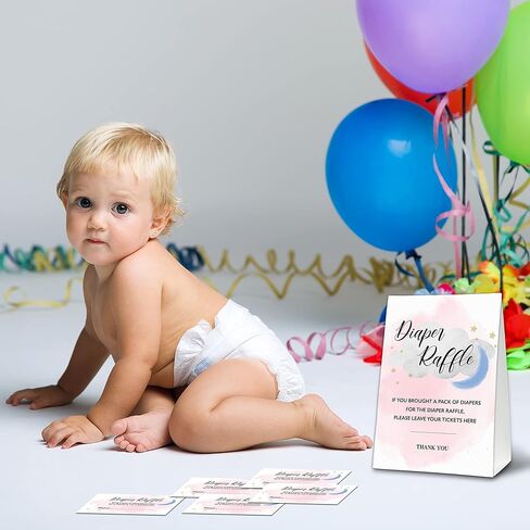 مجموعة ألعاب استحمام الطفل UTESG Diaper Raffle، تذاكر يانصيب حفاضات القمر والنجوم، توينكل ليتل ستارز تكشف عن جنس زينة حفلات استحمام الطفل، 1 علامة واقفة + 50 بطاقة تخمين (B19) in Kuwait