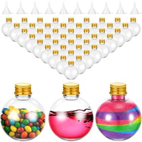 FoldTier 48 Pcs Spherical Bottles with Lids 3.4 oz Plastic Potion Bottles Ball Shape Round Bottles Sand Art Bottles with 10 Pcs Funnels for Christmas Decorative Candy Jars(Wood Color, Cork Stopper) in Kuwait