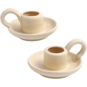 DOITOOL 2 Pcs Ceramic Candle Holder, Taper Candle Holder with Handle, Nordic Style Vintage Candlestick Holder for Halloween Christmas Home Decoration Desktop Ornament (Beige)