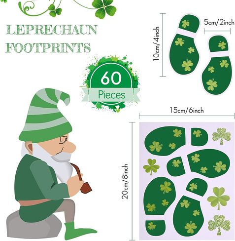 60 Pieces St. Patrick's Day Leprechaun Footprints Floor Stickers Removable Shamrock Foot Stickers Decorations Floor Decals Stickers for Window Walls Shamrock Party Favors Supplies Decoration in Saudi Arabia