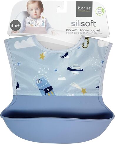Kushies Silisoft Bib, Waterproof Top with Soft Silicone catch all pocket for Babies and Toddlers in Saudi Arabia