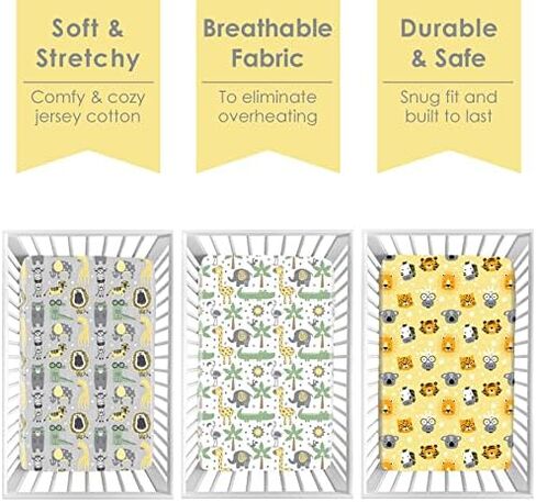 GROW WILD Pack n Play Sheets | Mini Crib Sheets 3-Pack, Soft Pack and Play Sheets, Premium Bassinet Sheet, Safari Elephant Yellow Gray White in Saudi Arabia