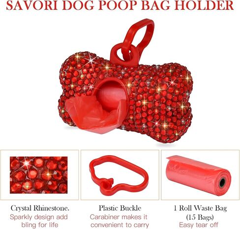 SAVORI Dog Poop Bag Holder Bling Crystal Dog Waste Bags Dispenser for Pet Dog Doggy with Carabiner Clip Includes 1 Roll 15 Bags (Hot Pink) in Kuwait