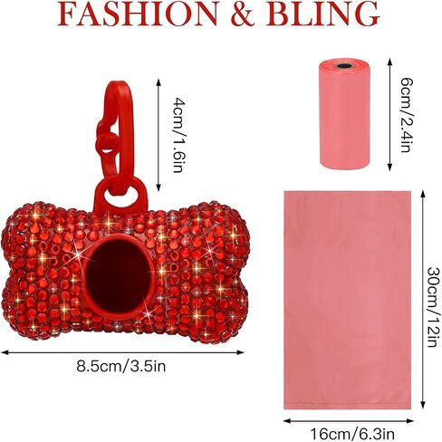 SAVORI Dog Poop Bag Holder Bling Crystal Dog Waste Bags Dispenser for Pet Dog Doggy with Carabiner Clip Includes 1 Roll 15 Bags (Hot Pink) in Kuwait