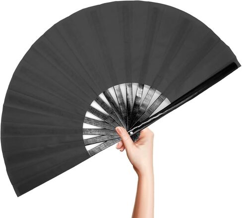 OMyTea Bamboo Large Rave Folding Hand Fan for Men/Women - Chinese Japanese Kung Fu Tai Chi Handheld Fan with Fabric Case - for Performance, Decorations, Dancing, Festival, Gift (Black) in Kuwait