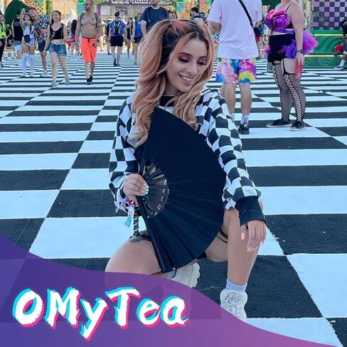 OMyTea Bamboo Large Rave Folding Hand Fan for Men/Women - Chinese Japanese Kung Fu Tai Chi Handheld Fan with Fabric Case - for Performance, Decorations, Dancing, Festival, Gift (Black) in Kuwait