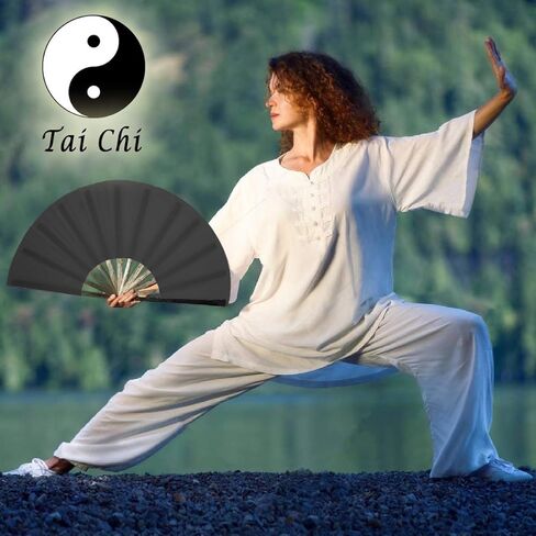 OMyTea Bamboo Large Rave Folding Hand Fan for Men/Women - Chinese Japanese Kung Fu Tai Chi Handheld Fan with Fabric Case - for Performance, Decorations, Dancing, Festival, Gift (Black) in Kuwait