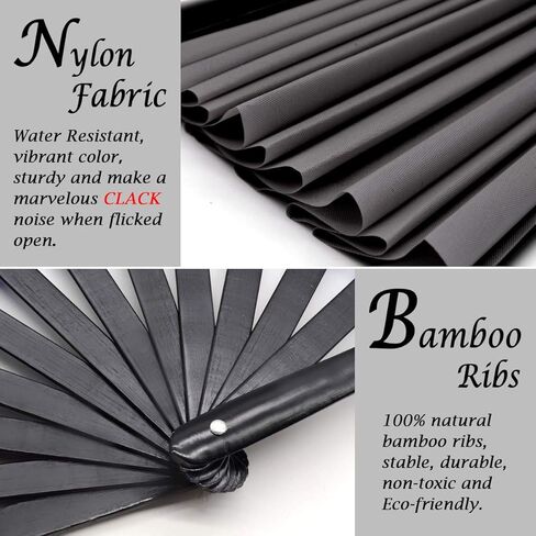 OMyTea Bamboo Large Rave Folding Hand Fan for Men/Women - Chinese Japanese Kung Fu Tai Chi Handheld Fan with Fabric Case - for Performance, Decorations, Dancing, Festival, Gift (Black) in Kuwait
