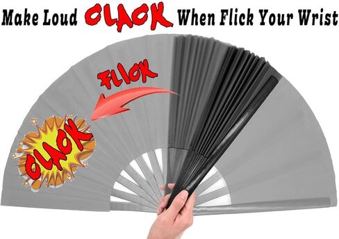 OMyTea Bamboo Large Rave Folding Hand Fan for Men/Women - Chinese Japanese Kung Fu Tai Chi Handheld Fan with Fabric Case - for Performance, Decorations, Dancing, Festival, Gift (Black) in Kuwait
