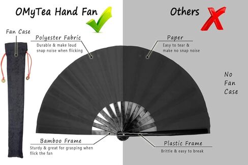 OMyTea Bamboo Large Rave Folding Hand Fan for Men/Women - Chinese Japanese Kung Fu Tai Chi Handheld Fan with Fabric Case - for Performance, Decorations, Dancing, Festival, Gift (Black) in Kuwait