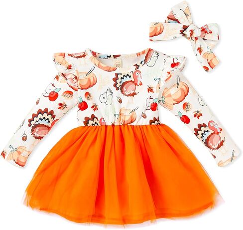 ملابس GRNSHTS للفتيات الصغيرات لعيد الشكر بأكمام طويلة وتنورات توتو تركية فستان مكشكش ملابس للفتيات الصغيرات in Kuwait