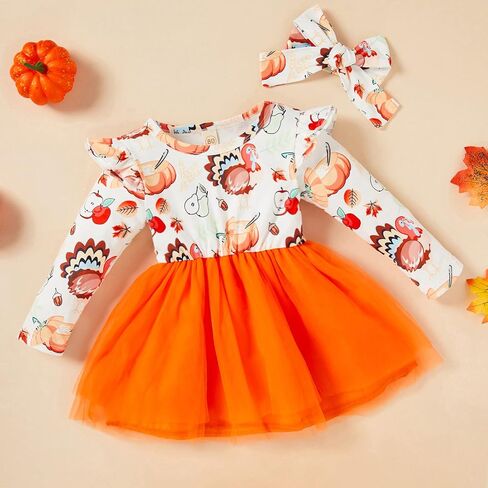 ملابس GRNSHTS للفتيات الصغيرات لعيد الشكر بأكمام طويلة وتنورات توتو تركية فستان مكشكش ملابس للفتيات الصغيرات in Kuwait