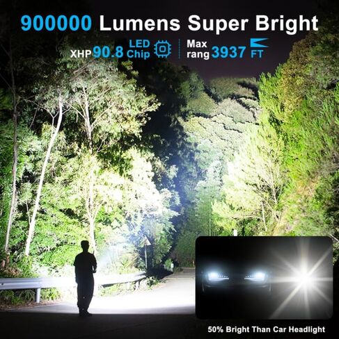 مصابيح LED قابلة لإعادة الشحن لومن عالي، 900000 لومن مصباح يدوي تكتيكي فائق السطوع ضوء فلاش قوي مع 5 أوضاع، وقت تشغيل 12 ساعة، مصباح يدوي مقاوم للماء IPX6 للطوارئ المنزلية in Kuwait