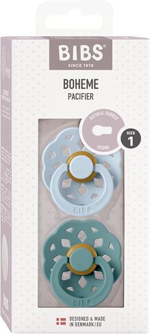 BIBS Boheme Soother 2-Pack. BPA Free Dummy Pacifier, Symmetrical Natural Rubber Latex, Made in Denmark. 0-6 Months (Pack of 2), Baby Blue/Island Sea in Kuwait