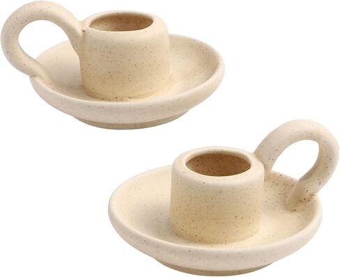 DOITOOL 2 Pcs Ceramic Candle Holder, Taper Candle Holder with Handle, Nordic Style Vintage Candlestick Holder for Halloween Christmas Home Decoration Desktop Ornament (Beige) in Kuwait