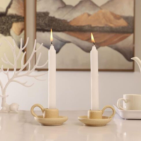 DOITOOL 2 Pcs Ceramic Candle Holder, Taper Candle Holder with Handle, Nordic Style Vintage Candlestick Holder for Halloween Christmas Home Decoration Desktop Ornament (Beige) in Kuwait