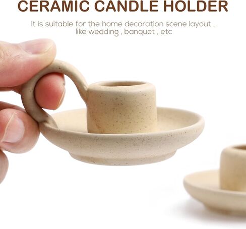 DOITOOL 2 Pcs Ceramic Candle Holder, Taper Candle Holder with Handle, Nordic Style Vintage Candlestick Holder for Halloween Christmas Home Decoration Desktop Ornament (Beige) in Kuwait