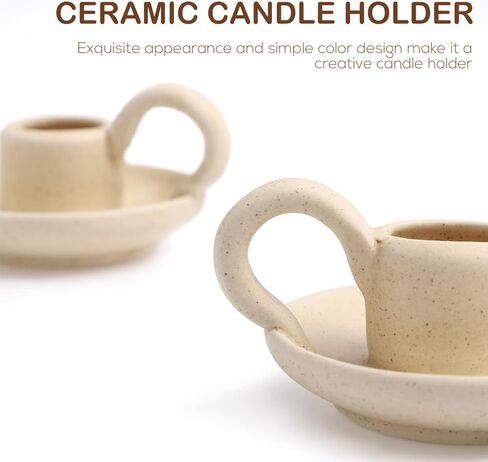 DOITOOL 2 Pcs Ceramic Candle Holder, Taper Candle Holder with Handle, Nordic Style Vintage Candlestick Holder for Halloween Christmas Home Decoration Desktop Ornament (Beige) in Kuwait