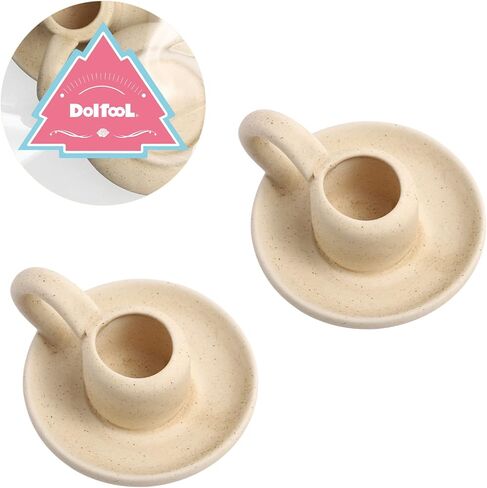DOITOOL 2 Pcs Ceramic Candle Holder, Taper Candle Holder with Handle, Nordic Style Vintage Candlestick Holder for Halloween Christmas Home Decoration Desktop Ornament (Beige) in Kuwait