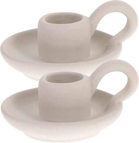 DOITOOL 2 Pcs Ceramic Candle Holder, Taper Candle Holder with Handle, Nordic Style Vintage Candlestick Holder for Halloween Christmas Home Decoration Desktop Ornament (Beige) in Kuwait