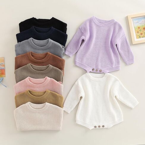 Baby Boy Girl Knit Sweater Romper Solid Color Long Sleeve Oversized Warm Tops Fall Winter Clothes in Kuwait