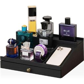 DMTINTA Wooden Cologne Organizer for Men 3 Tier of Elevated Cologne Stand Organizer with Drawer Cologne Holder with Cell Phone Stand Storage Display Risers,Great Gift for Men in Kuwait