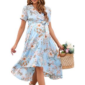 KOJOOIN Maternity Dress Cross V Neck Wrap Dress Lantern Short/Long Sleeve Tie High Waist Dress A-Line Flowy Dress with Belt