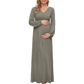 فستان حمل من بيوتي بيشوب بأكمام واسعة مع زر/فستان طويل للحمل لحفلات استقبال المولود الجديد (S-2XL) in Kuwait