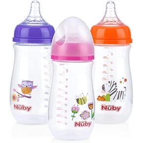 زجاجات نوبي تريتان واسعة الرقبة غير قابلة للتنقيط مع نظام هواء مضاد للمغص: 9 أونصة/ 270 مل، 3 عبوات، منذ الولادة فما فوق، أرجواني/وردي/برتقالي in Kuwait