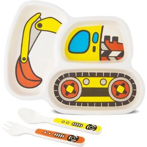 Kids Plate Set, Included Plate Fork and Spoon 3-Piece Set - Toddler Plates Dinnerware Dinner Dish Set Baby Feeding Divided Plate - Child Portion Control Bamboo Eco-Friendly (Excavator Style 2)