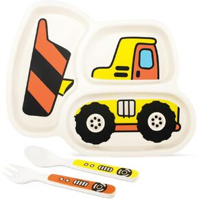 Kids Plate Set, Included Plate Fork and Spoon 3-Piece Set - Toddler Plates Dinnerware Dinner Dish Set Baby Feeding Divided Plate - Child Portion Control Bamboo Eco-Friendly (Excavator Style 2)