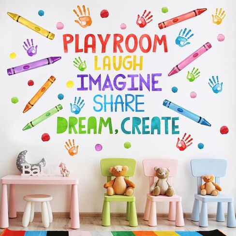 Mfault Playroom Wall Decals Stickers, Crayon Handprint Polka Dots | Inspirational Quote Nursery Decorations Daycare Art, Laugh Imagine Share Dream Create Toddler Kids Room Bedroom School in Saudi Arabia