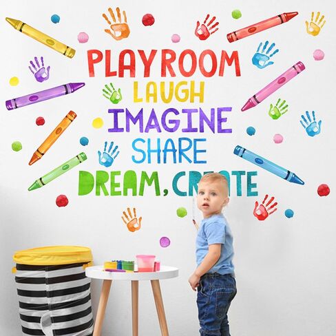 Mfault Playroom Wall Decals Stickers, Crayon Handprint Polka Dots | Inspirational Quote Nursery Decorations Daycare Art, Laugh Imagine Share Dream Create Toddler Kids Room Bedroom School in Saudi Arabia