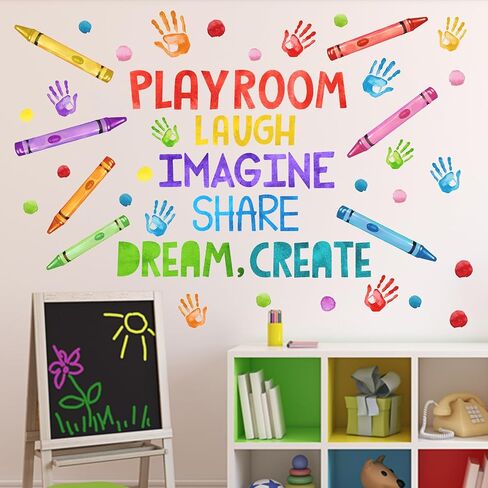 Mfault Playroom Wall Decals Stickers, Crayon Handprint Polka Dots | Inspirational Quote Nursery Decorations Daycare Art, Laugh Imagine Share Dream Create Toddler Kids Room Bedroom School in Saudi Arabia