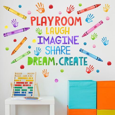 Mfault Playroom Wall Decals Stickers, Crayon Handprint Polka Dots | Inspirational Quote Nursery Decorations Daycare Art, Laugh Imagine Share Dream Create Toddler Kids Room Bedroom School in Saudi Arabia