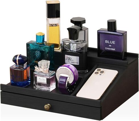 DMTINTA Wooden Cologne Organizer for Men 3 Tier of Elevated Cologne Stand Organizer with Drawer Cologne Holder with Cell Phone Stand Storage Display Risers,Great Gift for Men in Kuwait