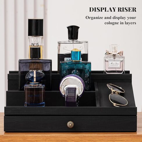 DMTINTA Wooden Cologne Organizer for Men 3 Tier of Elevated Cologne Stand Organizer with Drawer Cologne Holder with Cell Phone Stand Storage Display Risers,Great Gift for Men in Kuwait