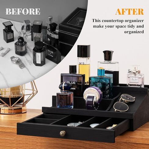 DMTINTA Wooden Cologne Organizer for Men 3 Tier of Elevated Cologne Stand Organizer with Drawer Cologne Holder with Cell Phone Stand Storage Display Risers,Great Gift for Men in Kuwait