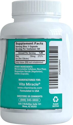 Vita Miracle Zinc Citrate 30mg - Boost Immune System Adults Kids Safe Immune Supplement Support Vitamin Alternative to Lozenge Liquid and Chewable Tablets in Kuwait