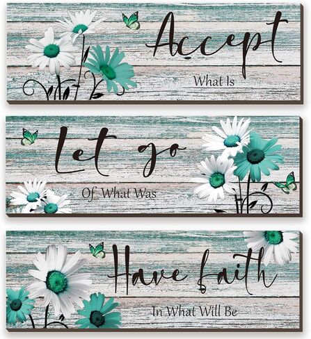 ZINYAZHE 3 Pcs Farmhouse Bathroom Wall Decor Teal Daisy Floral Flowers and Turquoise Butterfly Bathroom Wall Art Accept Let Go Have Faith Positive Rustic Wood Plaque for Home Laundry (Teal,12 x 4Inch) in Saudi Arabia