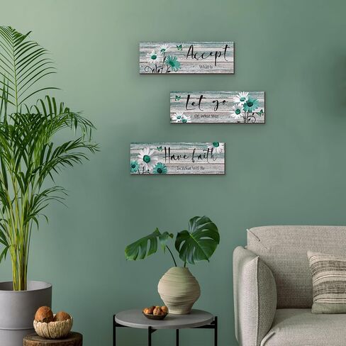 ZINYAZHE 3 Pcs Farmhouse Bathroom Wall Decor Teal Daisy Floral Flowers and Turquoise Butterfly Bathroom Wall Art Accept Let Go Have Faith Positive Rustic Wood Plaque for Home Laundry (Teal,12 x 4Inch) in Saudi Arabia