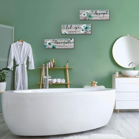ZINYAZHE 3 Pcs Farmhouse Bathroom Wall Decor Teal Daisy Floral Flowers and Turquoise Butterfly Bathroom Wall Art Accept Let Go Have Faith Positive Rustic Wood Plaque for Home Laundry (Teal,12 x 4Inch) in Saudi Arabia