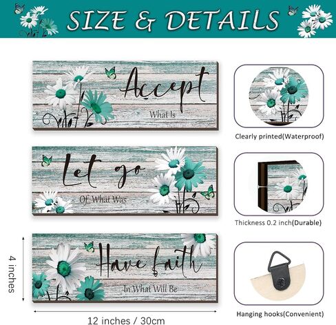 ZINYAZHE 3 Pcs Farmhouse Bathroom Wall Decor Teal Daisy Floral Flowers and Turquoise Butterfly Bathroom Wall Art Accept Let Go Have Faith Positive Rustic Wood Plaque for Home Laundry (Teal,12 x 4Inch) in Saudi Arabia