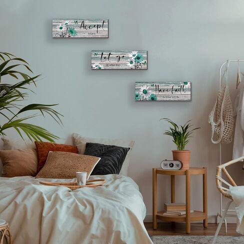 ZINYAZHE 3 Pcs Farmhouse Bathroom Wall Decor Teal Daisy Floral Flowers and Turquoise Butterfly Bathroom Wall Art Accept Let Go Have Faith Positive Rustic Wood Plaque for Home Laundry (Teal,12 x 4Inch) in Saudi Arabia