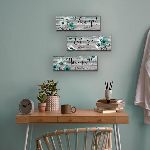 ZINYAZHE 3 Pcs Farmhouse Bathroom Wall Decor Teal Daisy Floral Flowers and Turquoise Butterfly Bathroom Wall Art Accept Let Go Have Faith Positive Rustic Wood Plaque for Home Laundry (Teal,12 x 4Inch) in Saudi Arabia