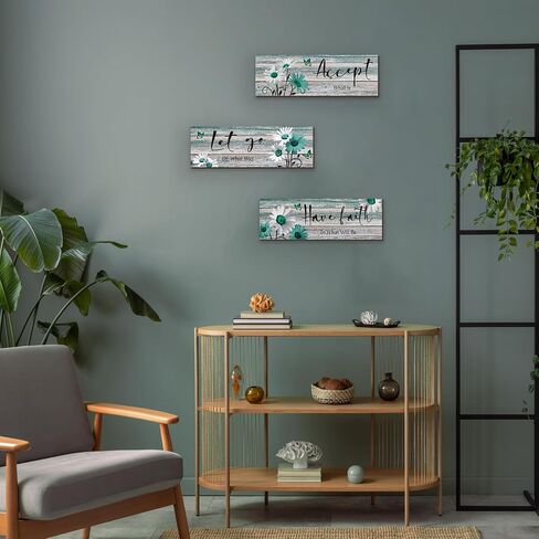 ZINYAZHE 3 Pcs Farmhouse Bathroom Wall Decor Teal Daisy Floral Flowers and Turquoise Butterfly Bathroom Wall Art Accept Let Go Have Faith Positive Rustic Wood Plaque for Home Laundry (Teal,12 x 4Inch) in Saudi Arabia