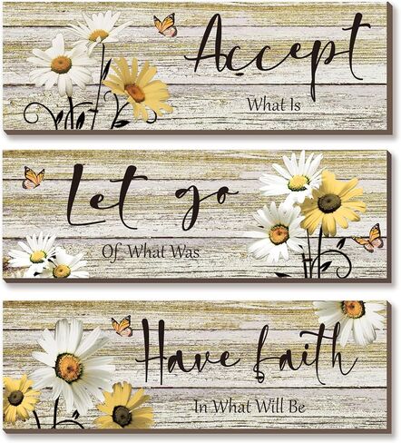 ZINYAZHE 3 Pcs Farmhouse Bathroom Wall Decor Teal Daisy Floral Flowers and Turquoise Butterfly Bathroom Wall Art Accept Let Go Have Faith Positive Rustic Wood Plaque for Home Laundry (Teal,12 x 4Inch) in Saudi Arabia