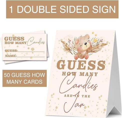 JIRIM-BEUTY Little Bear Guess How Many Candies Guess How Many Baby Shower Games, Pack of 1 Logo and 50 Cards, Baby Shower Signs, Baby Shower Invitation Set, Bridal Shower Sign, Gender Reveal - JRM305 in Kuwait