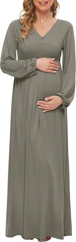 فستان حمل من بيوتي بيشوب بأكمام واسعة مع زر/فستان طويل للحمل لحفلات استقبال المولود الجديد (S-2XL) in Kuwait